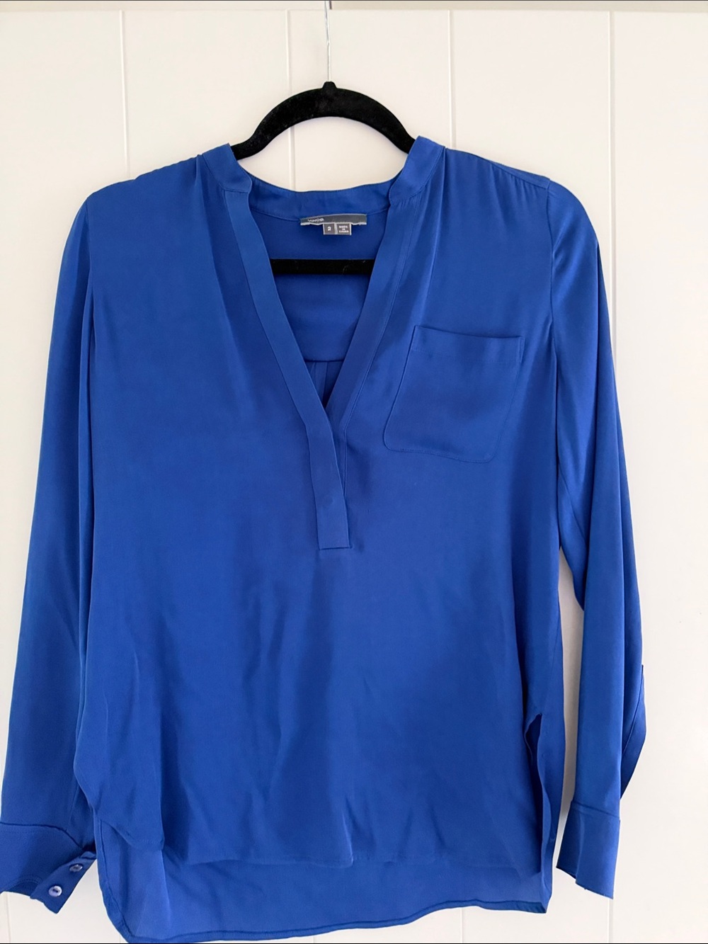 Vince Silk V-Neck Pocket Blouse in Royal Blue